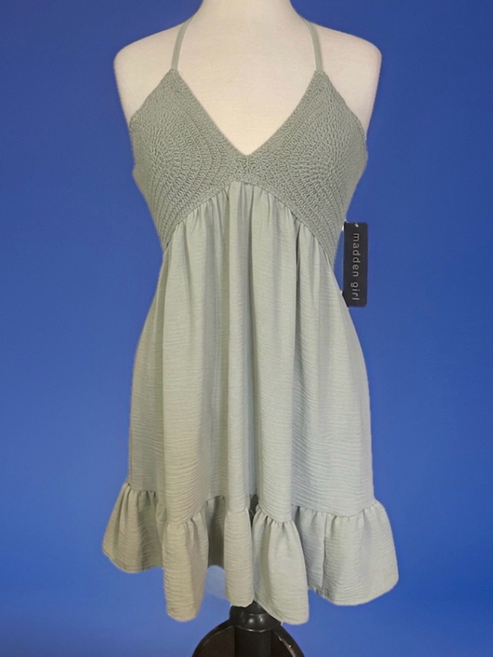 Madden Girl Crochet Halter Mini Dress Sage Green NWT Boho Festival Ruffle Size L